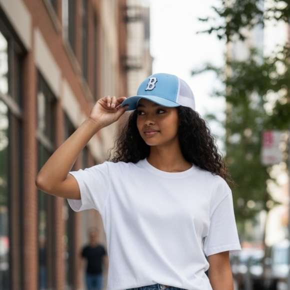 Boston Red Sox Light Blue Trucker Snapback Hat Pacific Headwear Flexfit Pro MLB - Picture 2 of 9